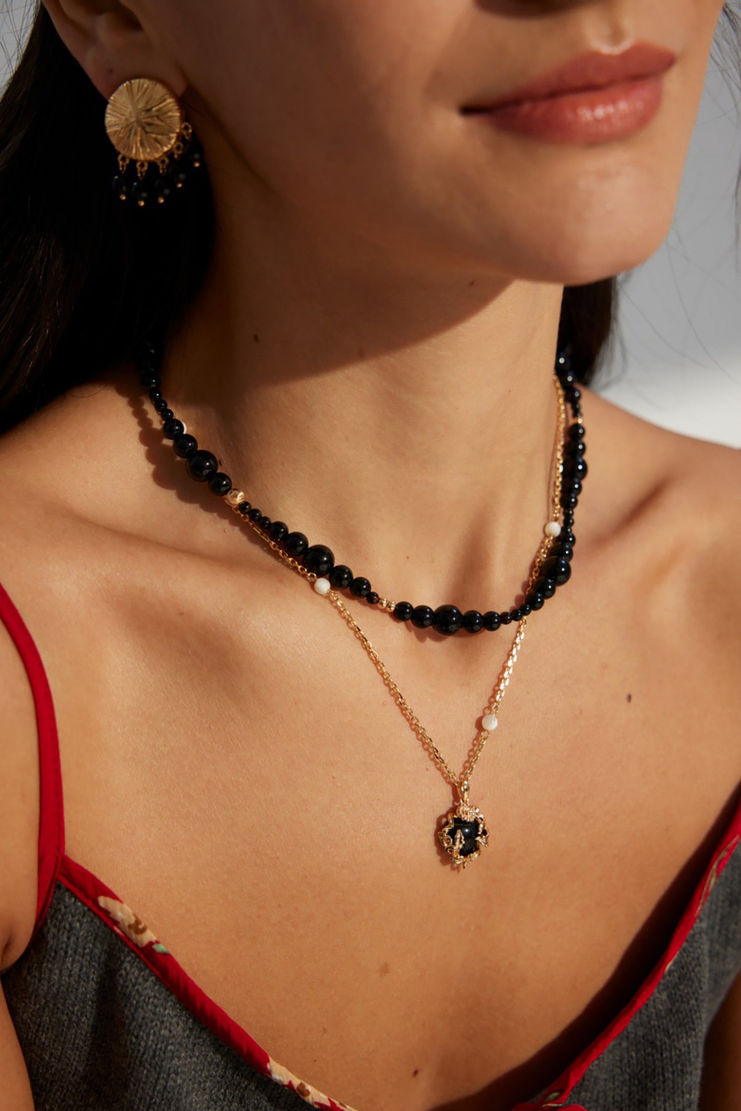 Black Agate Pendant Gold Plated Silver Necklace