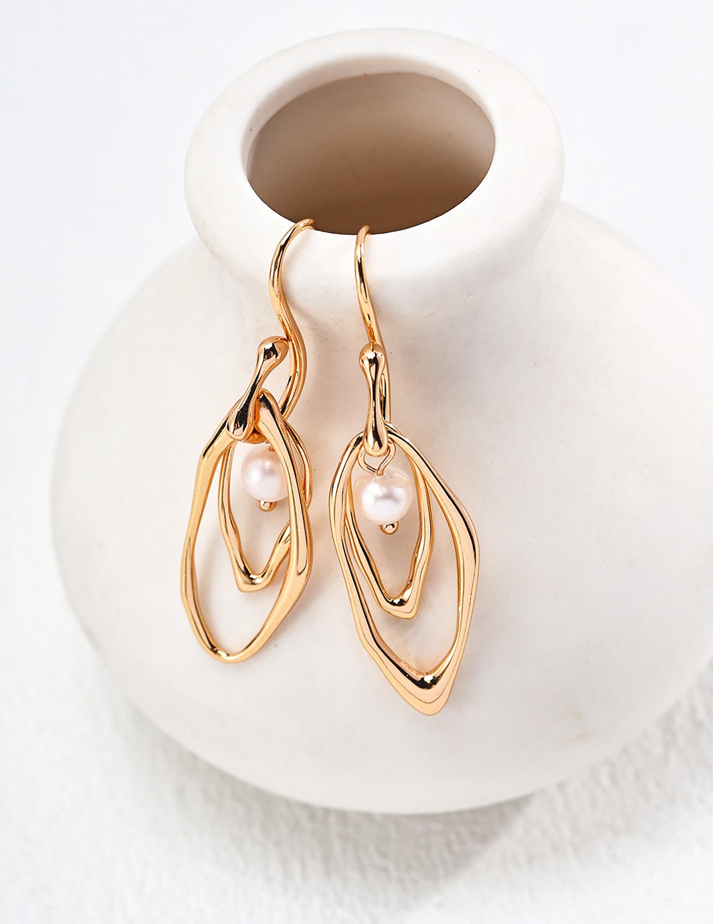 Fashionable Gold Plated Sterling Silver with Pearls Layered Earrings