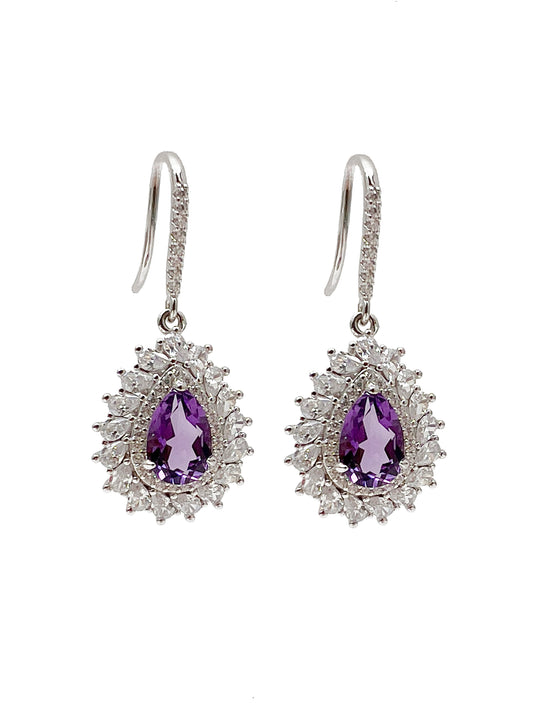 Teardrop Shaped 925 Sterling Silver With Amethyst Dangle Earrings