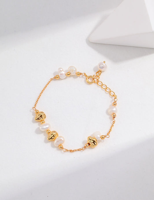 Irregular 925 Silver Plated Gold With Freshwater Pearls Bracelet