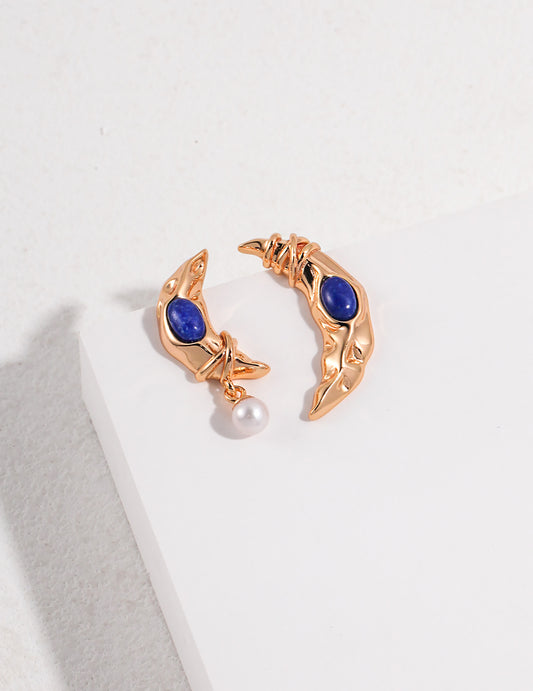 Moon With Lapis Stone And Pearl Dangle Asymmetry Earrings