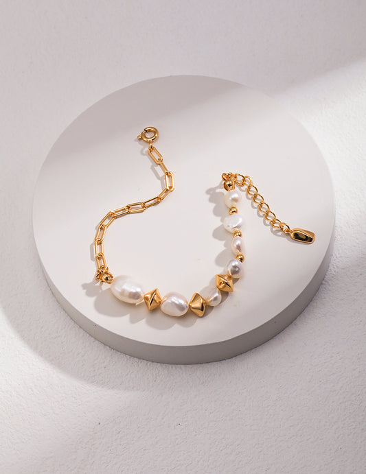 925 Silver Plated Gold With Irregular Freshwater Pearls Adjustable Bracelet
